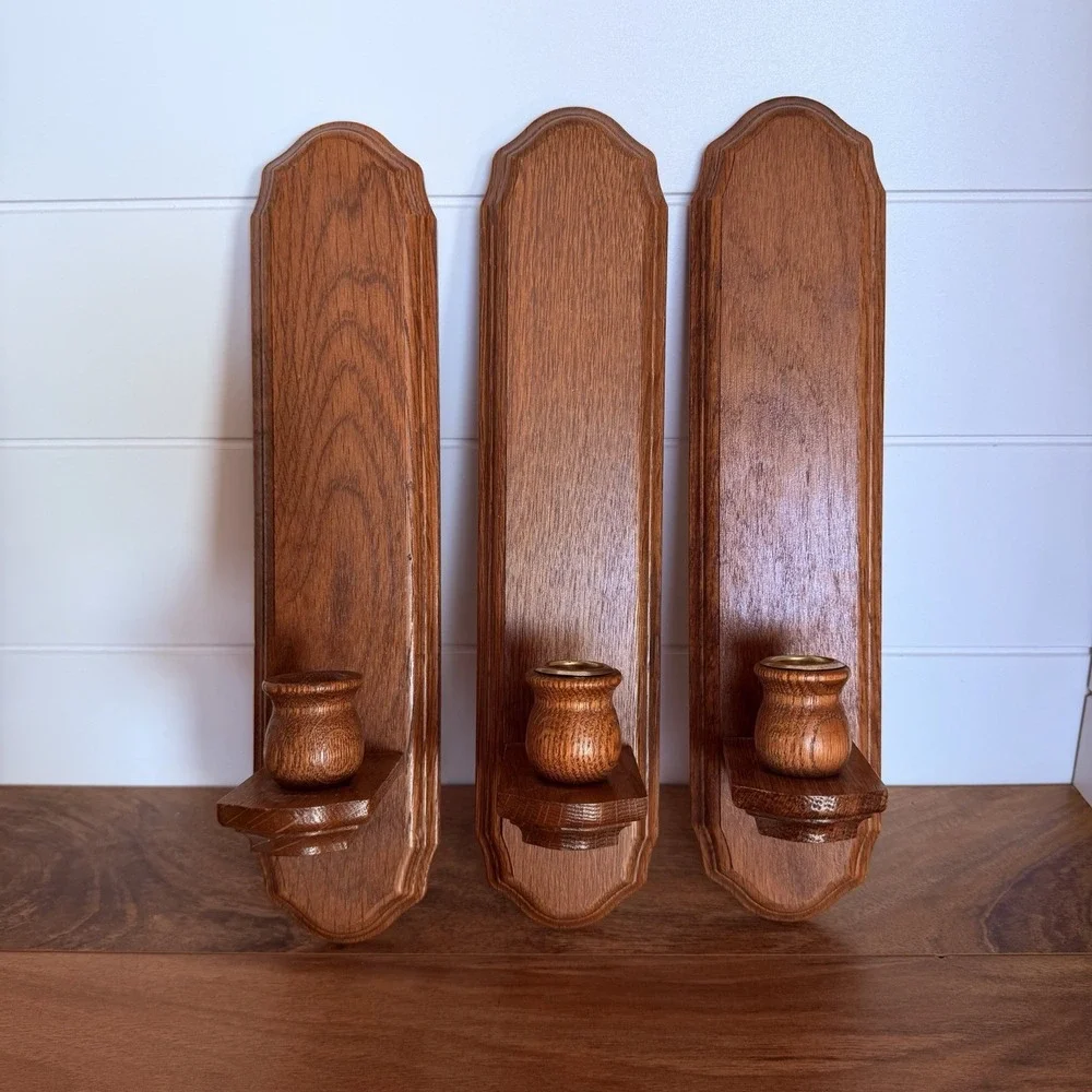 3pc Wall Mounted Wooden Candle Sconces Grandma Cottage Vintage Rustic Prairie‎